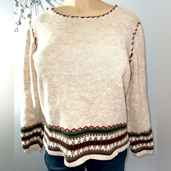 Christopher & Banks Sweaters - Christopher & Banks Women’s Beige Embroidered‎ Long Sleeve Size L Knit Sweater